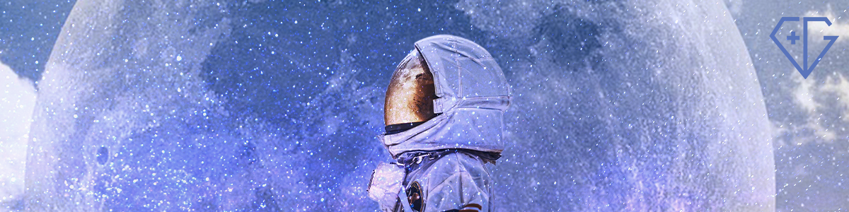 An astronaut stares off wistfully, in front of a periwinkle moon. He does not know where the f*ck his body is.