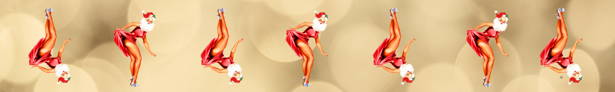 AlSeven alternating (right-side-up and upside-down) sexy Santas: short red dress, tan legs, and jolly white beard.