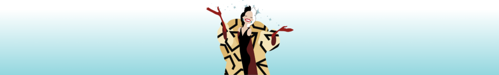 Minimalist Cruella deVille, wearing a Coin & Ghost jacket on a teal gradient background